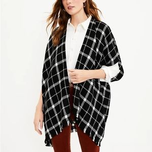 LOFT Black & White Plaid Wrap Poncho Sweater